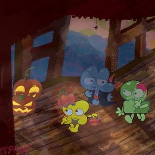 some cartoon characters are standing in front of a wall with pumpkins and jack - o'- lantern faces on it Bfdi Halloween dark slate gray