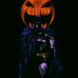a batman standing in front of a pumpkin Dc Comics Halloween Dark Knight, Batman Halloween Pfp, Batman Inspired, Batman Universe, Batman, black