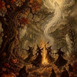 a painting of witches and pumpkins in the woods Vintage Halloween Witch saddle brown