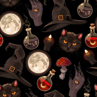 a black cat is surrounded by witches and full moon Halloween Fabric Cat Bones Witch And Witchy Halloween Iphone, Halloween Witchy, Witchy Halloween Background, black