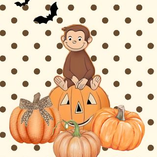 a monkey sitting on top of pumpkins with bats in the background and polka dots Curious George Halloween old lace