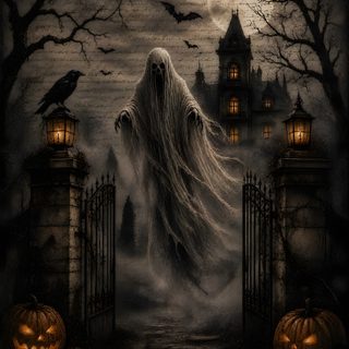a creepy ghost in front of a gate with pumpkins Old Scary Horror Halloween black
