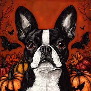 a painting of a boston terrier surrounded by pumpkins Halloween Boston Terrier Boston Terrier Art Illustrations, Boston Terrier Anime, Boston Terrier Autumn Scene, saddle brown