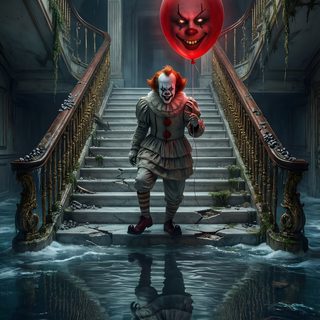 a creepy clown holding a red balloon in the middle of a flooded hallway with stairs and chandeliers Wrecking Ball Halloween 4k dark slate gray