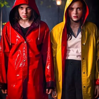 two people in raincoats standing next to each other Matching Stranger Things And Halloween Characters Stranger Things Duo, Max And Eleven Fanart, Max And Eleven, black
