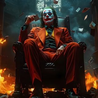 the joker is sitting in a chair surrounded by fire and paper flying from his mouth Halloween Live Joker 3d, Joker Photos Hd, Hahaha Joker, Joker Videos, Joker Photos, Ghost Rider, black