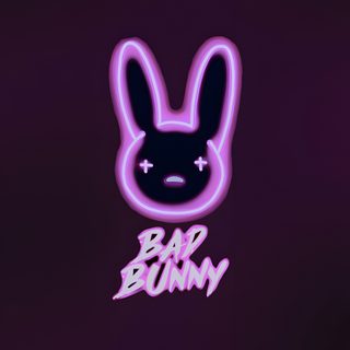an animated bunny with the word bad bunny on it's face and eyes glowing purple Bad Bunny Halloween Bad Bunny Purple, Bad Bunny Neon Sign, Apple Watch Bad Bunny, black