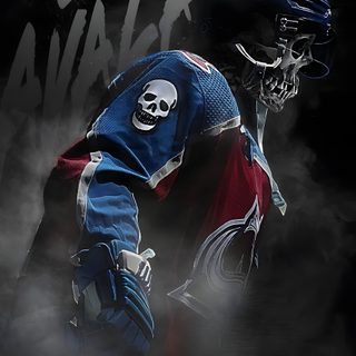 an image of a hockey player in the air with his helmet on and skully face Hockey Halloween Colorado Avalanche Hockey Art, Creative Sports Poster Inspiration, Hockey Fan Gift Ideas, black