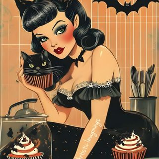 a painting of a woman holding a cat and cupcakes in front of her Pinup Halloween Pinup Halloween, Halloween Pin Up Art, Halloween Pin Up, Retro Witch, peru