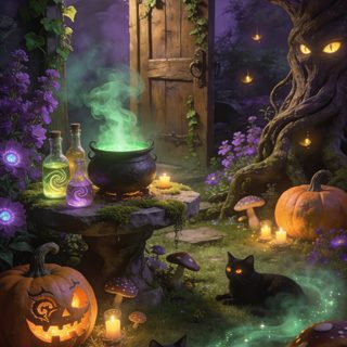 halloween scene with pumpkins and witches in the forest, cats sitting on the ground Enchanted Halloween Gothic Halloween Decorations, Fall Festival Decorations, Creative Halloween Decorations, dark slate gray