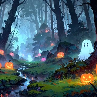 halloween pumpkins in the woods with water running through them and glowing eyes on their faces Halloween Banner With Forest Enchanted Wood, Halloween For Pc, Chibi Characters, dark slate gray