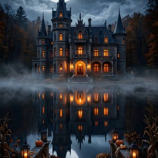 a castle with pumpkins in front of it at night Halloween Mansion dark slate gray