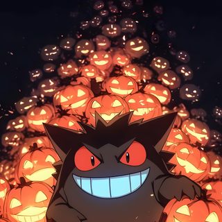 an animated image of a cat surrounded by pumpkins with glowing eyes and teeth on them Halloween Pokémon Wow Art, Rayquaza Pokemon, Pokemon Halloween, Pokemon Backgrounds, dark slate gray