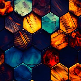 an abstract image of hexagons with different colors and patterns on them, as well as the background Halloween Hexagon Color, black