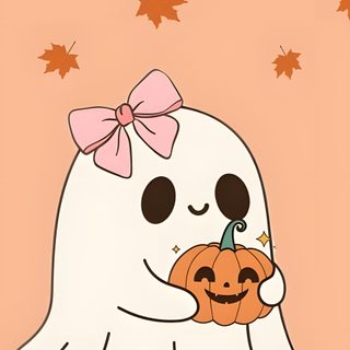 a cartoon ghost holding a pumpkin in front of some leaves and falling down on the ground Cute Halloween For Car Seat Cute Halloween For Ipad, Cute Halloween Bow, Halloween Bow Iphone, burlywood