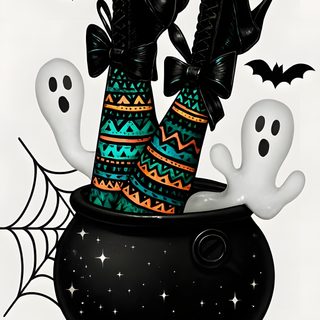 two black shoes sitting on top of a caulder with ghost legs and bats Happy Halloween Stockings Halloween Witch Shoe Illustration, Witch Legs In Cauldron Illustration, Halloween Witch Cauldron, light gray