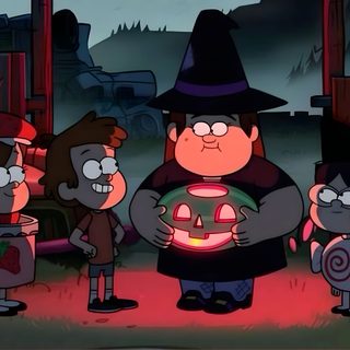 cartoon characters standing around in the dark with one holding a glowing pumpkin and another wearing a witches hat Gravity Falls Halloween Gravity Falls Halloween, Halloween Shows, Gravity Falls Computer, dark slate gray
