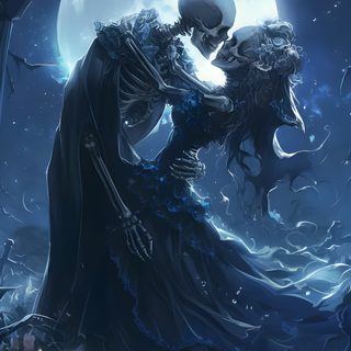 a skeleton hugging a woman in front of a full moon with skulls on the ground Halloween Couple Iphone Clair De Lune, Constellations, Gothic Love, Free Download, dark slate gray