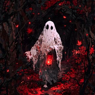 a creepy ghost walking through a forest filled with red leaves Dark Halloween Anime Geist, Ghost Iphone, Dark Ghost, Ghost Forest, Iphone Ghost, Ghost Scary Aesthetic, black