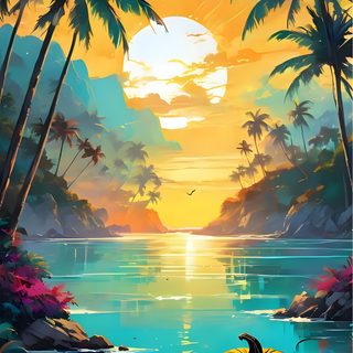 a pumpkin sitting on top of a lake surrounded by palm trees at sunset with the moon in the sky Halloween Tropical Hot Ghoul Summer Background, Summer Ween, Halloween Summer, Summer Spooky, sea green