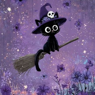 a painting of a black cat flying on a broom Halloween Kitty Lilac Custom Witch Background, Cute Halloween Black Cat, Halloween Kitty, dim gray