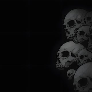 a bunch of skulls sitting in the dark with one skull on its head and another behind it Halloween Black 16x9, Black Computer, Black Gaming For Pc, Dark Background For Pc, Skull Ipad,