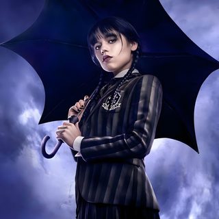 a woman holding an umbrella in front of a cloudy sky Wednesday Addams Halloween Wednesday Addams With Umbrella, Wednesday Netflix Logo Png, Wednesday Addams For Laptop, midnight blue