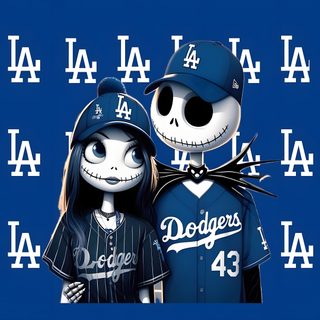 the los angeles dodgers are dressed up as jack and sally in front of a blue background Dodgers Halloween Dodgers Party, Nightmare Before Christmas Pictures, Let's Go Dodgers, midnight blue