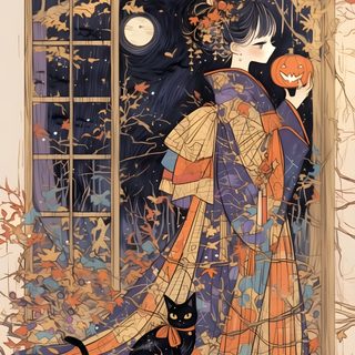 an illustration of a woman and her cat in front of a window with pumpkins on it Japanese Halloween Halloween, gray