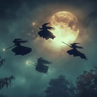 three witches flying through the air in front of a full moon with trees on either side Halloween Triple Monitor Facebook Cover Photos Vintage, Halloween Desktop, Display, Witch, dark slate gray
