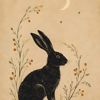 a black rabbit sitting on top of a grass covered field next to a moon and stars Halloween Rabbit burlywood