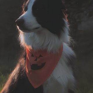 a black and white dog with a red bandanna around its neck sitting in the grass Halloween Border Collie Dog Halloween, Husky, Halloween, Dogs, Animals, dark slate gray