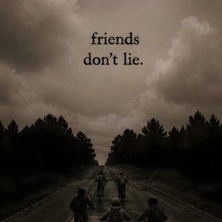 a group of bikers riding down the road in front of a sign that says friends don't lie Stranger Things Halloween Vecna, Strange Things, Stranger Things Iphone, dark olive green