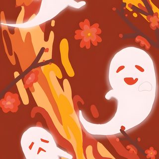 two ghostes with orange and yellow paint on them, one is holding a branch Genshin Impact Halloween Hu Tao Background, Halloween Genshin, Hu Tao Theme, chocolate