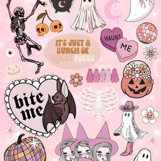 a pink background with various stickers on it Pink Halloween Collage misty rose