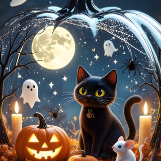 a black cat sitting on top of a pumpkin surrounded by ghost's and candles Halloween Iphone 16 Pro Max Pumpkin Mobile, Beautiful Halloween, Halloween Kitty, dark slate gray