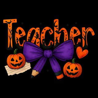the word teacher with pumpkins and a bow on it's head is in front of a black background Halloween Teacher black