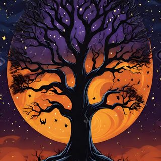 a halloween tree with pumpkins and bats in the background, under a full moon Halloween Tree Halloween Tree Pictures, Halloween Tree Images, Spooky Trees, black
