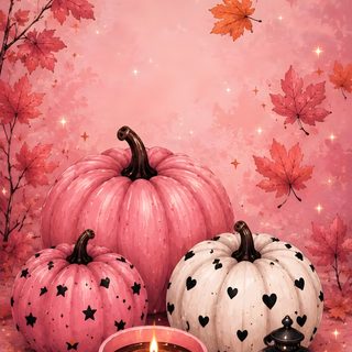 a painting of pumpkins and candles on a pink background with fall leaves around them Pink And Orange Halloween light coral