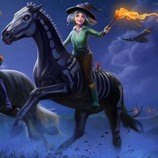a woman riding on the back of a black horse next to a pumpkin filled field Star Stable Halloween 4k Sso Halloween, Star Stable Halloween Background, Autumn Star Stable Background, dark slate gray