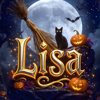 a black cat sitting on top of a pumpkin with the word lisa written in it Halloween Name People Names, dark slate gray