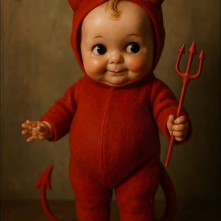 a baby doll dressed as a devil holding a pitchfork Kewpie Halloween Krampus Kewpie, Baby Devil Images, Kewpie Doll Devil, Halloween Kewpie Dolls, maroon