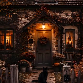 a black cat sitting in front of a house with autumn leaves on the ground and trees around it Autumn Halloween Aesthetic black