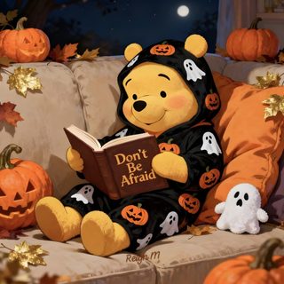 a winnie the pooh bear sitting on a couch reading a book with ghost pumpkins around it Winnie The Pooh Halloween Desktop Winnie The Pooh Autumn, Halloween Eve, Winnie The Pooh Pictures, sienna