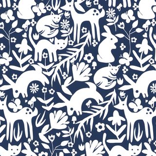 a blue and white pattern with animals on it Halloween Maze Otomi Embroidery Playmat Teal Otomi Animal Silhouette Pattern, Otomi Blue And White, Otomi Blue,