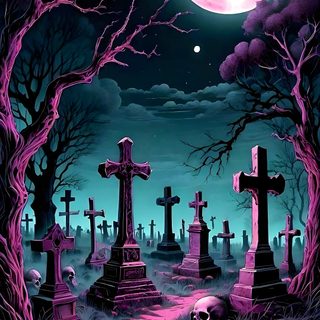 a cemetery with skulls in the foreground and a full moon in the background Dark Pink Halloween Halloween Iphone Backgrounds, Halloween Backgrounds, Halloween Cute, Goth, dark slate gray