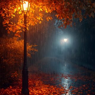 a street light in the middle of an autumn night with leaves on the ground around it Rainy Halloween Night Sky Rain Street, Rainy Street, Watercolor Paintings Tutorials, black