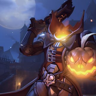 an image of a man dressed up as a demon with a pumpkin in his hand Overwatch Halloween Overwatch Pumpkin Carving, Overwatch Pumpkin, Assassins Creed Ghost Rider, dark slate gray