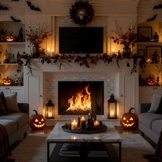 a living room decorated for halloween with pumpkins on the fireplace and candles lit up Halloween Fireplace Halloween, dark slate gray