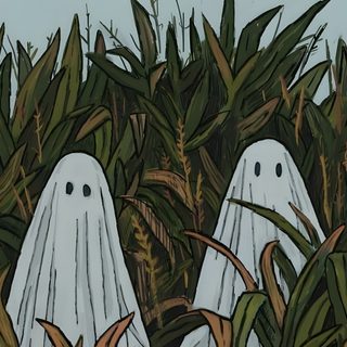 two ghost - like figures in the middle of a cornfield with tall grass and blue sky behind them Green Halloween Desktop Halloween Aesthetic Computer, Desktop Halloween Aesthetic, Halloween Laptop Aesthetic, dark slate gray